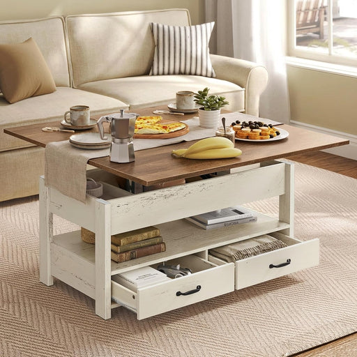 Coffee Table Lift Top, 3 in 1 Center Table with Storage, Gas Spring, 2 Drawers and 3 Hidden Compartments, Open Shelf, for Living Room, Home Office, Honey Brown and Rustic White ULCT254W01