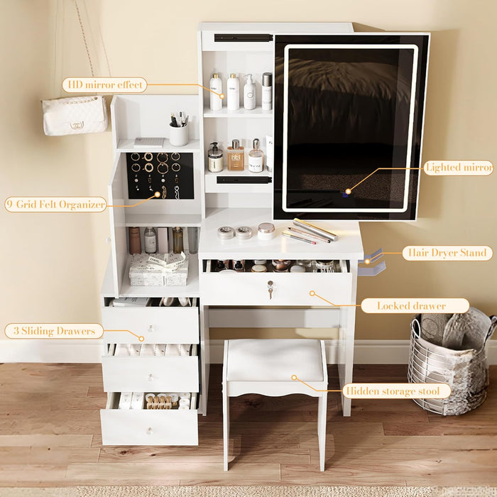 Vanity Desk Set with Sliding Lighted Mirror, Makeup Dressing Table with 4 Drawers & 9 Storage Spaces, Hidden Compartments and Cushioned Stool for Bedroom, White