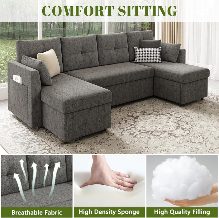 Oversized Sleeper Sofa Couch, 110 Inch 2 in 1 Pullout Couch Bed with Double Storage Chaise, Sectional Sleeper Sofa Bed with Side Pocket for Living Room, Dark Grey