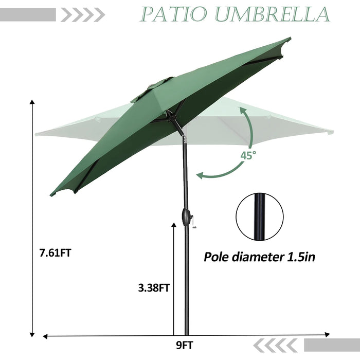 9Ft Patio Umbrella Outdoor Portable Table Market Umbrella with Push Button Tilt/Crank Waterproof Uv-Proof, Dark Green