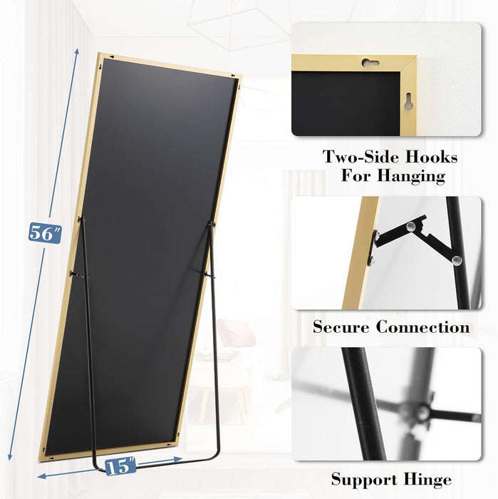 Full Length Mirror with Stand, 56"X15" Floor Mirror with Aluminum Alloy Frame for Bedroom, Standing Full Body Mirror with Shatter-Proorf Nano Glass for Wall, Living Room, Cloakroom, Gold