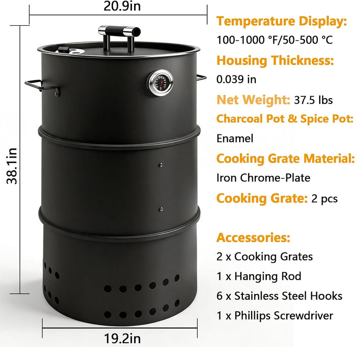 Charcoal Smoker Grill, 20" Barrel Smoker, Outdoor Barbecue Grill, Ideal for BBQ, Party, Backyard, Patio, Cooking, Heavy Duty round Grill, Vertical Smoker