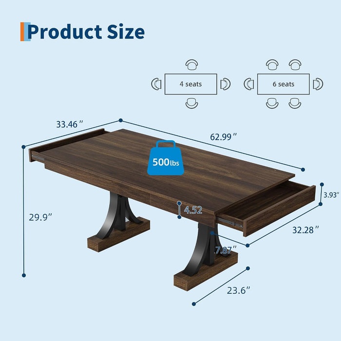 Farmhouse Dining Table for 4-6, 63-Inch Dining Table