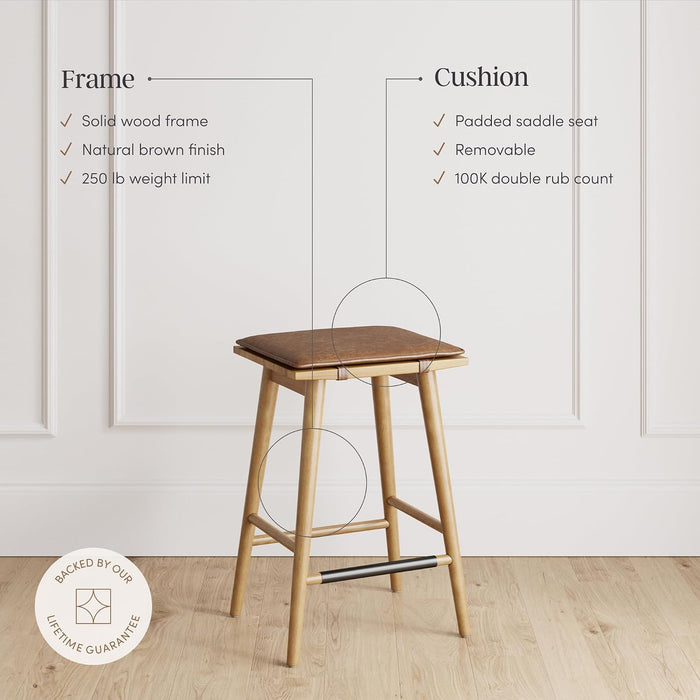 Nathan James Barker Classic Counter Height Wood Barstool with Leather Removable Cushion, Backless Island 24" Bar Stool for Kitchen, Chestnut Brown, Set of 2