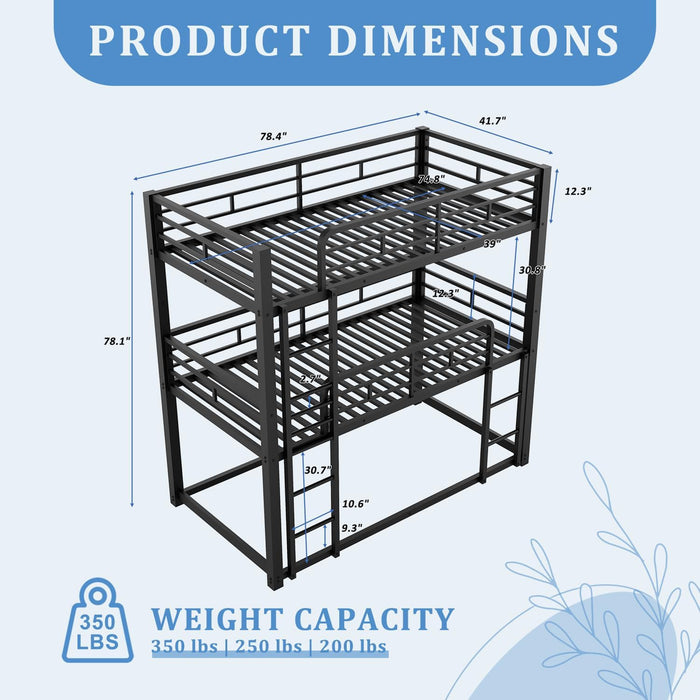 Metal Bunk Bed with Trundle,Twin over Twin Bunk Bed Frame with Ladder and Safety Rails for Triple Metal Bunk Can Be Divided into Two Beds (Black-Twin over Twin over Twin)