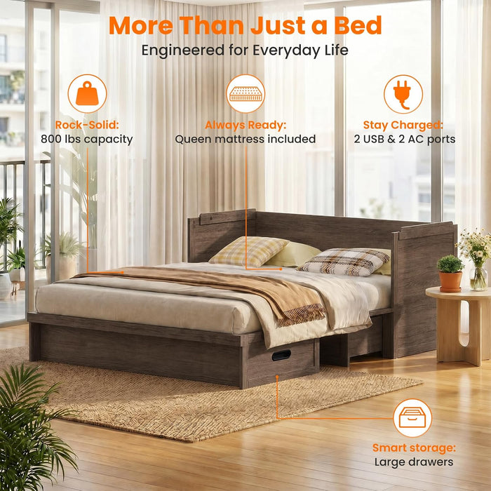 Murphy Bed Queen Mattress Included GreyFinish Drawer