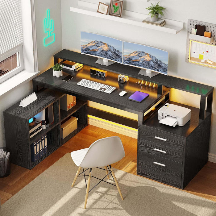 L Shaped Desk with Drawers, 65" Computer Desk with Power Outlets & LED Lights, Corner Home Office Desk with Storage Shelves & Printer Stand, Black