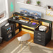 L Shaped Desk with Drawers, 65" Computer Desk with Power Outlets & LED Lights, Corner Home Office Desk with Storage Shelves & Printer Stand, Black