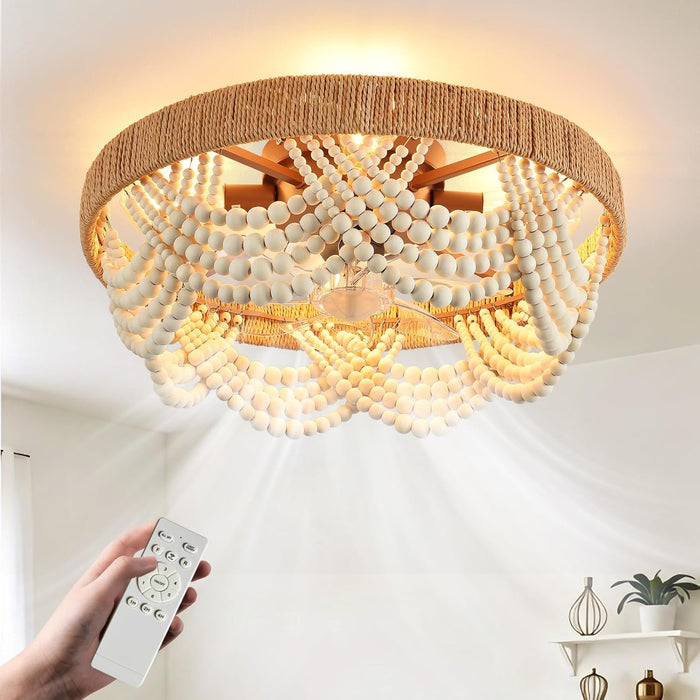 Boho Ceiling Fans with Lights: 20 Inch Wood Beaded Flush Mount Fandelier with Remote and Timer Control - Elegant Vintage Caged Ceiling Fan - Indoor Quiet 6 Speeds for Bedroom, Living Room