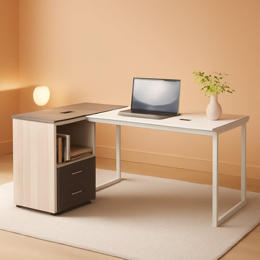 L-Shaped Executive Desk with Reversible File Cabinet, 63" Office Desk with Storage Drawers, L-Shaped Computer Desk with Drawer Cabinet for Hanging Letter Size Files,Gray & White