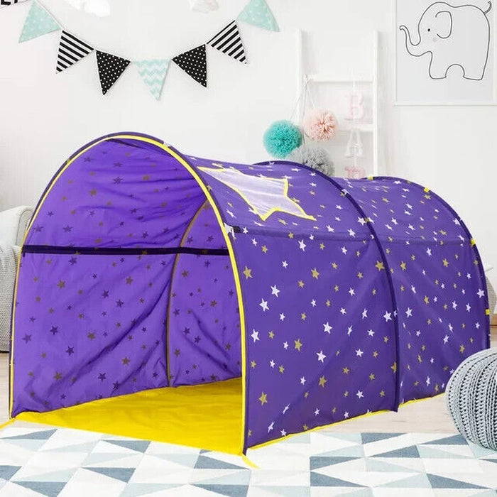 Pop up Bed Tent Twin Size Canopy Playhouse Privacy Stars Purple Kid Toddler Gift