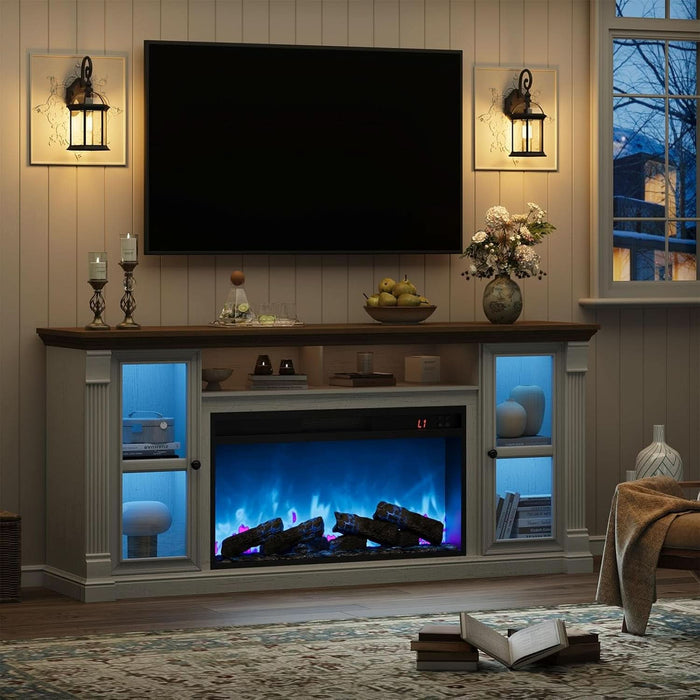 Farmhouse Fireplace TV Stand up to 80" Tvs, 70" Modern Highboy Entertainment Center with 36" Electric Fireplace & LED Lights, Media Console with Adjustable Shelves for Living Room, Antique White
