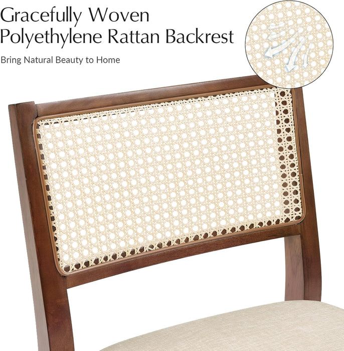 Rattan Dining Chairs Set of 4, French Solid Wood Kitchen Dining Room Chairs with Curved Back, Upholstered Accent Dinner Cane Chair for Living Room Restaurant, Walnut