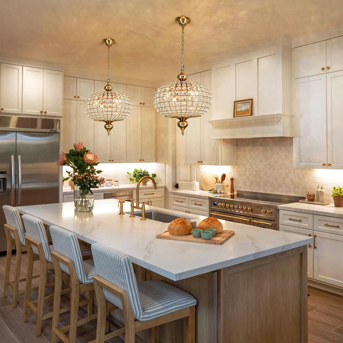 Gold Crystal Chandelier, 16.5" Modern 4-Light round Crystal Pendant Light Antique Globe Foyer Chandelier for Dining Room Living Room