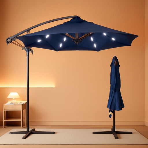 10Ft Solar LED Offset Cantilever Hanging Market Patio Umbrella, 8 Sturdy Ribs, Easy Adjustment - Navy Blue