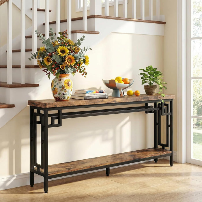 70.9" Long Console Table, 2-Tier Long Narrow Console Table behind Couch for Display with Central Support Frame, Industrial Long Entryway Table for Entryway and Living Room
