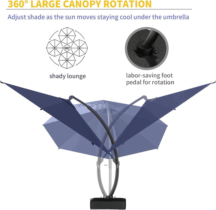 11Ft Offset Cantilever Patio Umbrella with Solar Lights, Large round Outdoor Umbrella with Base Included, Aluminum Frame, 360° Rotation & Infinite Tilt for Deck Pool Backyard, Navy Blue