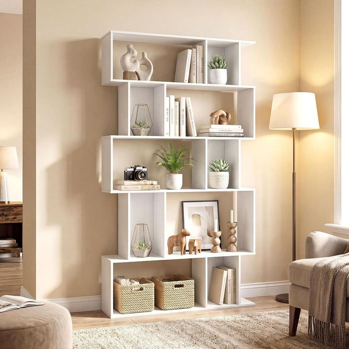 5-Tier Bookshelf, 10-Cube White Geometric Bookcase with 5 Closed-Back Cubbies, Anti-Toppling Kits, Open Display Storage Shelf for Living Room, Home Office, Bedroom