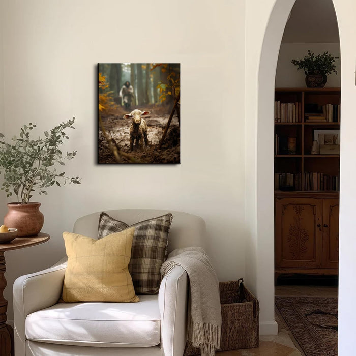 Jesus Wall Art Decor Christian Wall Art,Jesus and Lamb Canvas Wall Art Jesus Running after Lost Lamb Picture Wall Art Canvas Print Christian Lamb of God Home Decor Jesus Saves the Lamb a Lost Lamb