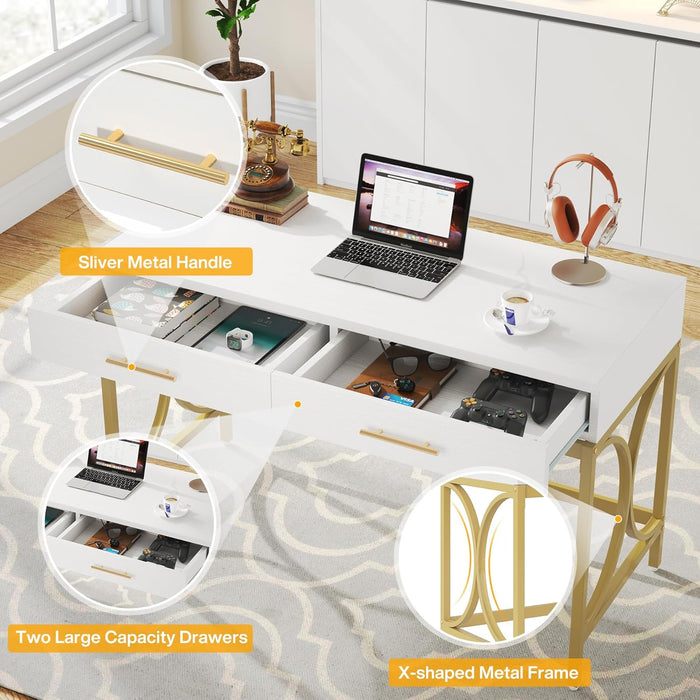 Modern Computer Desk with 2 Drawers Set of 2, 41 Inches Study Writing Office Desk for Home Office, Bedroom, Makeup Vanity Table Desk with Gold Metal Frame, White & Gold