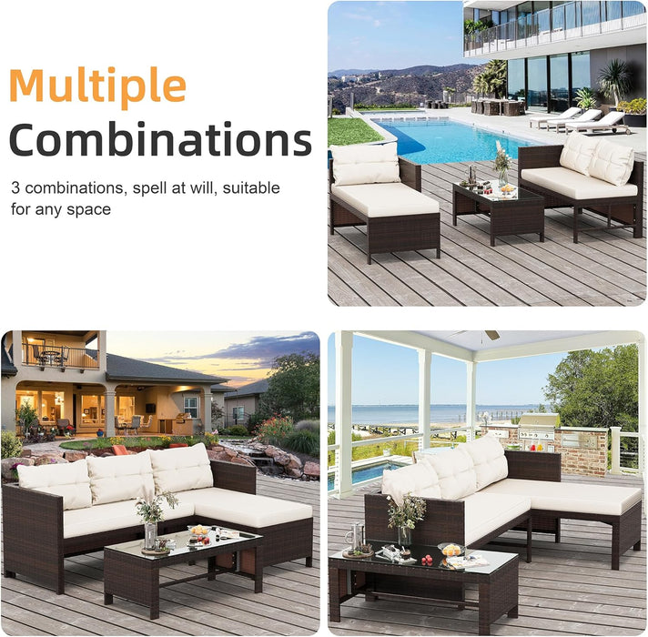 Outdoor Patio Furniture Sets, Wicker Patio Sectional Sets 3-Piece, All Weather Wicker Rattan Patio Seating Sofas with Glass Coffee Table and Cushion (Beige)