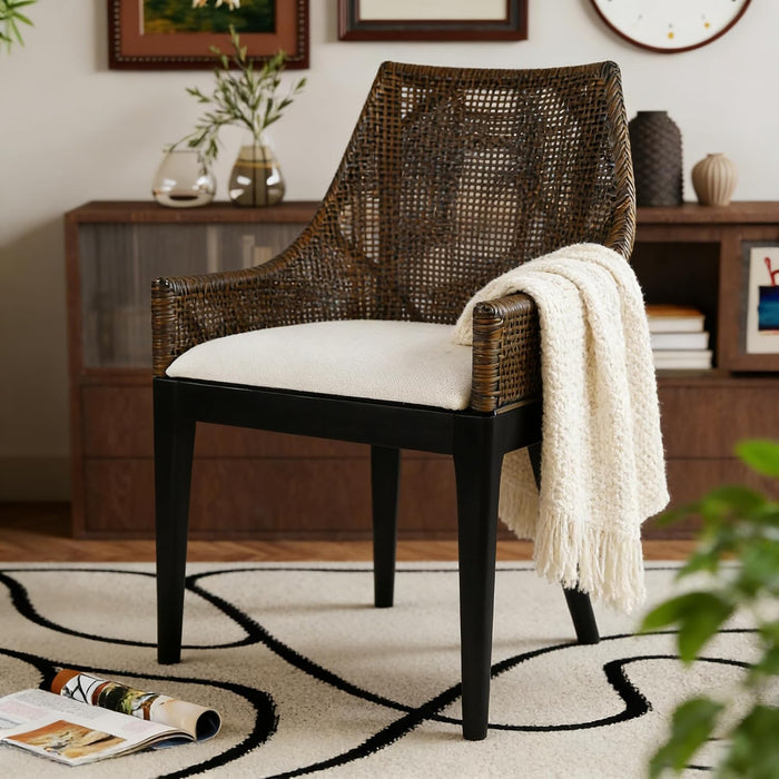 Natural Cane Mesh Rattan Accent Chair, Tropical Coastal Woven Back Armchair with Beige Fabric Cushion & Black Tapered Wood Legs, Ergonomic Comfort for Living Room Bedroom