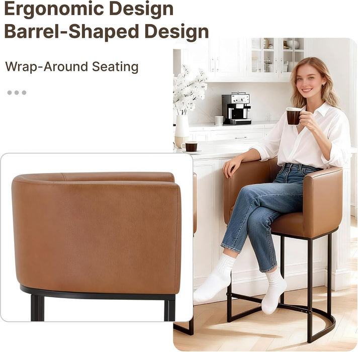 24" Counter Height Bar Stools Set of 4, Modern Barrel Counter Stools with Backrest and Arms, Faux Leather Upholstered Accent Barstools with Metal Legs for Kitchen Island,Brown