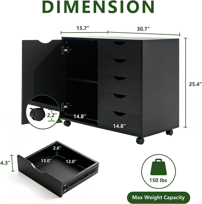 Black IndustrialGrade SolidWood File Cabinet On Wheels