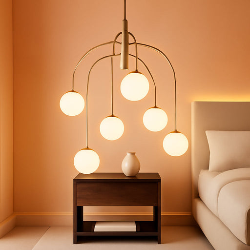 6 Lights Mid Century Modern Chandelier, Milk Glass Globe Chandelier Light Fixture with Gold Metal & White Ball, Large Pendant Lighting Ceiling Hanging for Dining Room Kitchen Island Entryway