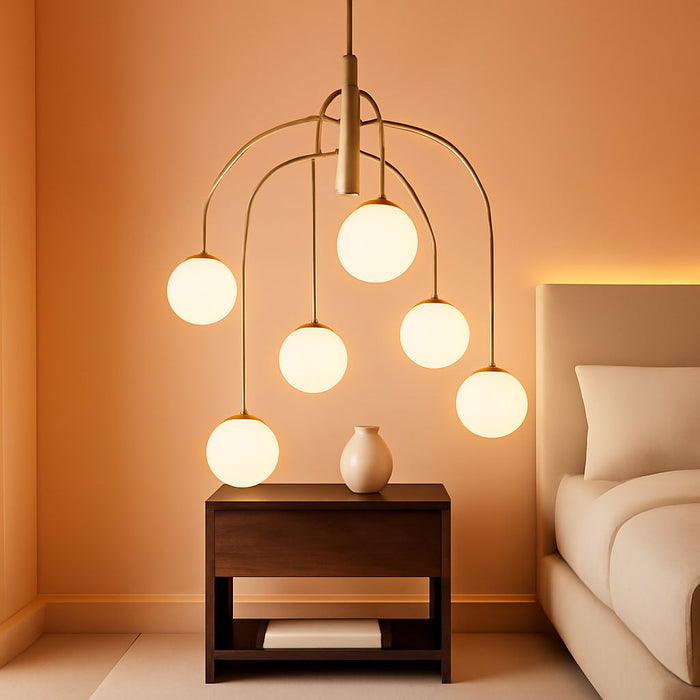 6 Lights Mid Century Modern Chandelier, Milk Glass Globe Chandelier Light Fixture with Gold Metal & White Ball, Large Pendant Lighting Ceiling Hanging for Dining Room Kitchen Island Entryway
