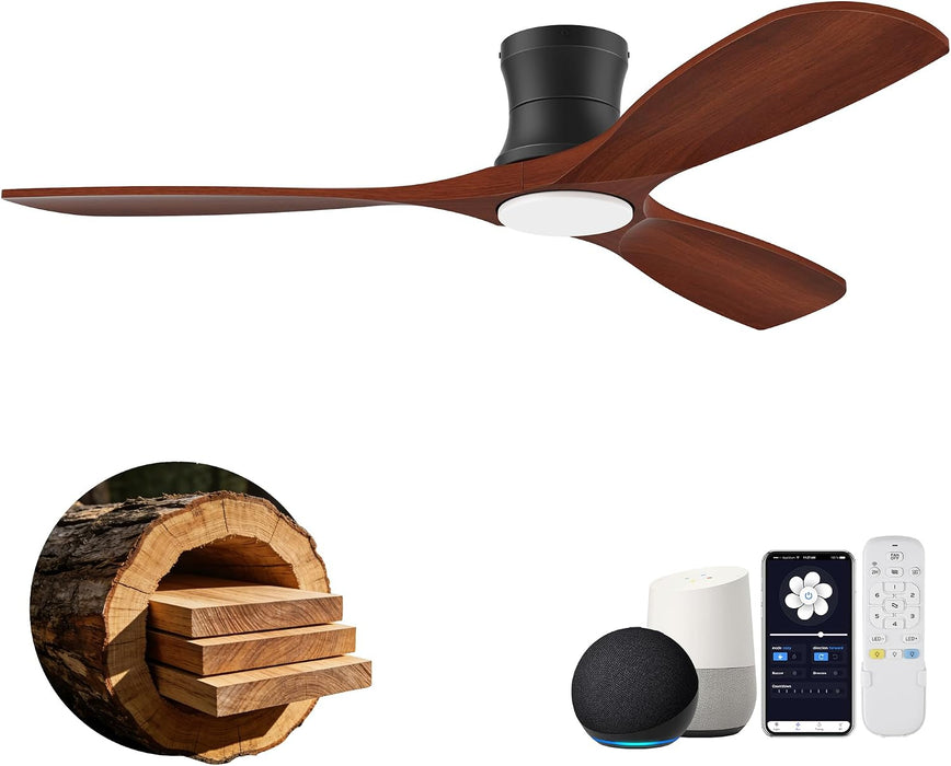 52 Inch Smart Low Profile Ceiling Fans with Lights Remote,Wood,Flush Mount