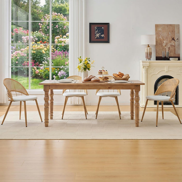 Rattan Dinner Chairs Set of 4 with Faux Leather Cushion, Modern Dining Room Chairs W/Adjustable Foot Pads, Kitchen Boho Chairs Mid Century Upholstered, White