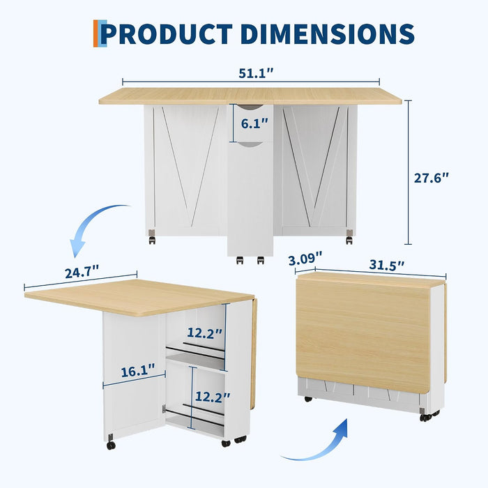 Folding Dining Table with Storage, Folding Kitchen Table with 6 Wheels, Drawer & Shelves, Compact Dining Table for Small Spaces