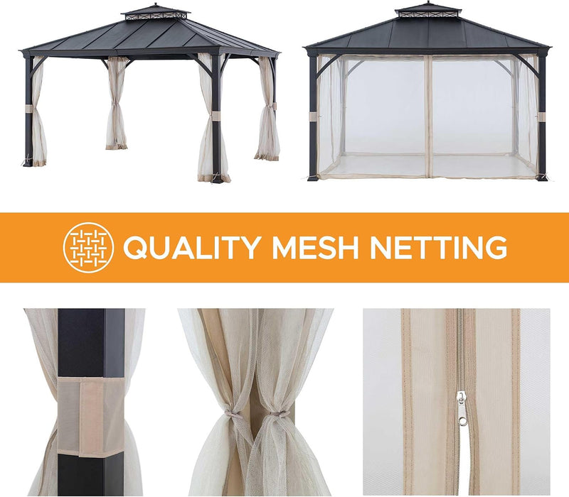 Hardtop Gazebo 11 X 13 Ft. Outdoor Patio Black Metal Gazebo with Double Tiered, Ceiling Hook and Mesh Netting, Black
