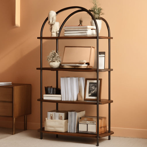 Arched Bookshelf, 4-Tier Industrial Open Bookcase with Sturdy Metal Frame, Freestanding Display Storage Organizer for Living Room, Home Office and Bedroom, Rustic Brown