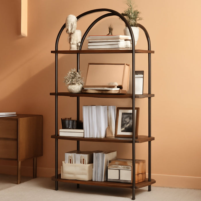 Arched Bookshelf, 4-Tier Industrial Open Bookcase with Sturdy Metal Frame, Freestanding Display Storage Organizer for Living Room, Home Office and Bedroom, Rustic Brown