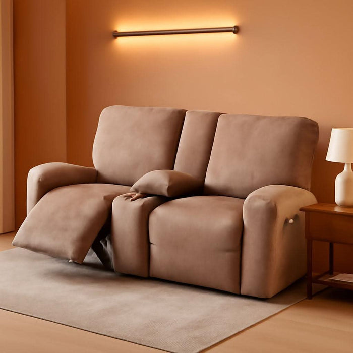 Reclining Love Seat with Middle Console Slipcover, 8-Piece Velvet Stretch Loveseat Reclining Sofa Covers, 2 Seat Love Seat Recliner Cover, Thick, Soft, Washable, Love Seat Slipcovers (Sand)