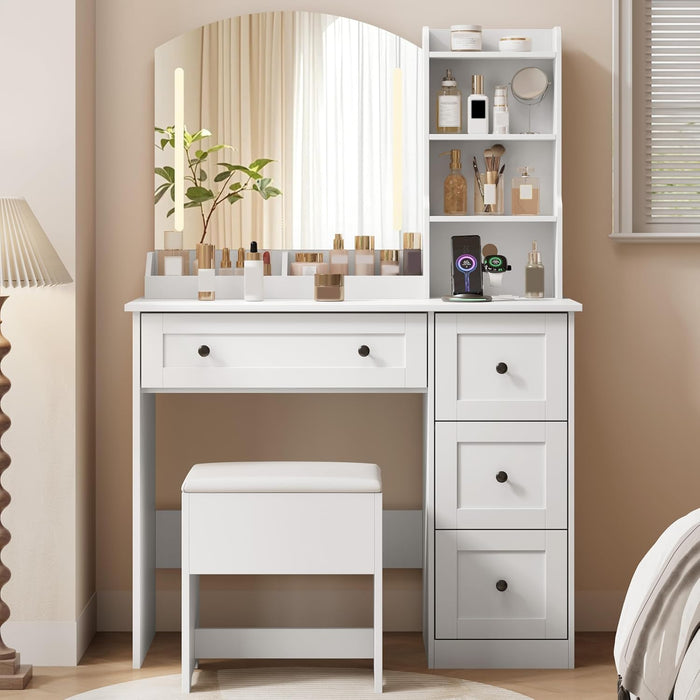 App & Button Controlled RGB Vanity with Arc Mirror, Small Makeup Vanity Table Set with Drawers & Chair, 3 Lighting Modes & Adjustable Brightness with Power Outlet, Vanity for Women Girls Bedroom
