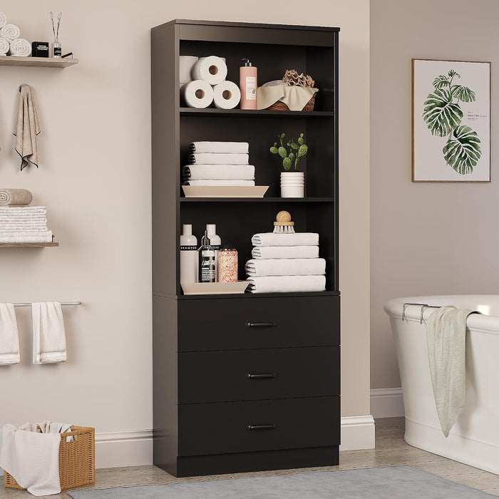 70" H Black Bookshelf with Drawers, Tall Bookcase with 3-Tier Open Shelves, Bookshelf and Bookcase with Storage Cabinet for Home Office,Living Room(Black,6-Tier)
