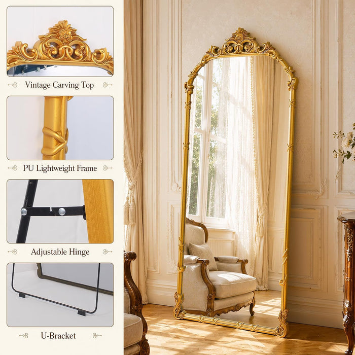 69"X28" Antique Gold Arched Vintage Floor Mirror with Carved