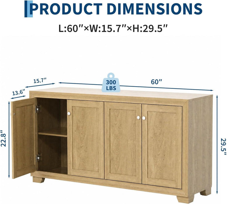 60" Buffet Cabinet with Storage, 4 Doors Sideboard with Adjustable Shelves, Modern Farmhouse Coffee Bar Console Table for Living Room, Kitchen, Dining Room, Entryway, Oak
