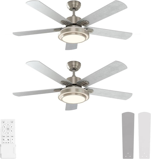 Ceiling Fans with Lights and Remote Control, 52 Inch, 6 Speeds Reversible DC Motor, 3 Color Dimmable Light, Timer, Noiseless, Brushed Nickel, 5 Blades, 2 Pack