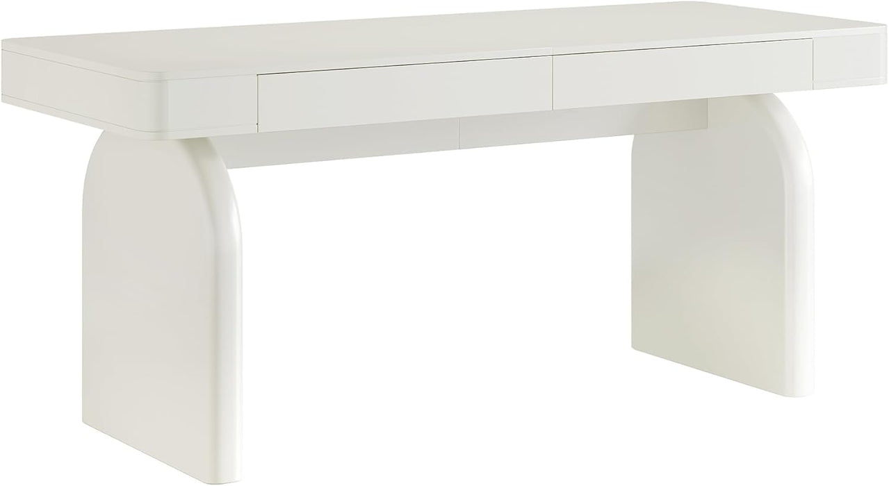 White Desk with Drawers, 63-Inch Modern Executive Office Desk, Glossy Elegant Work Study Writing Table for Home Office, Cream White