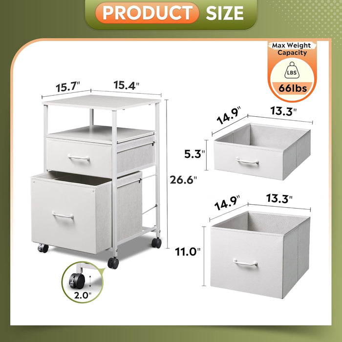 2 Drawer Fabric Vertical Filing Cabinet, Rolling Printer Stand, White
