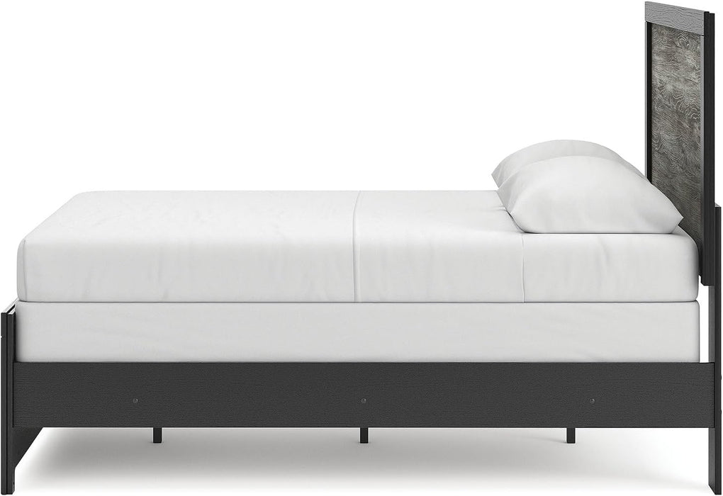 Signature Design by Ashley Jonnifer Full Panel Bed Frame with Headboard, Two‑Tone Textured Design, Engineered Wood and Decorative Laminate, Bedroom Furniture, Warm Gray and Matte Black