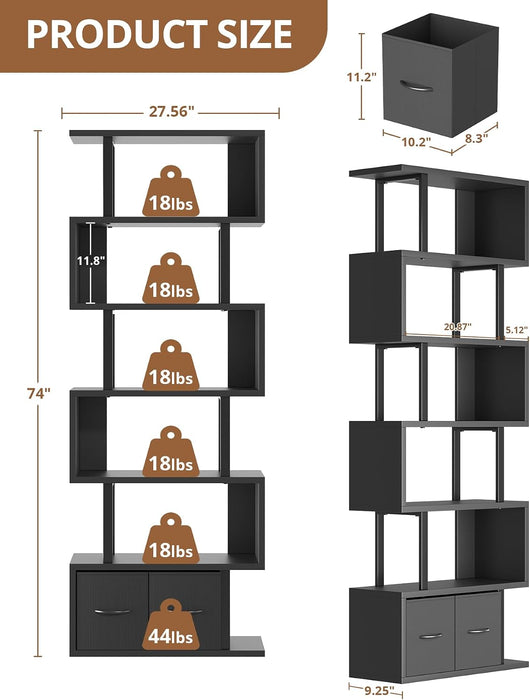 6-Tier Tall Bookshelf with Drawers, Black