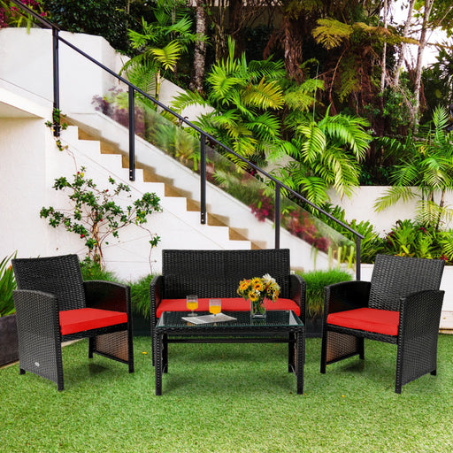 4 Pieces Patio Rattan Cushioned Furniture Set