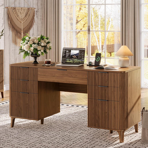 55Inch WalnutFinish Executive Desk With ChargingPort Unit