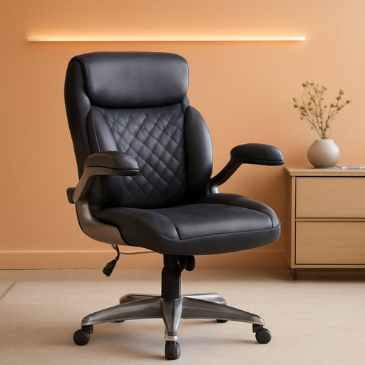 Ergonomic Desk Office Chair, Flip-Up Armrests, Adjustable Height, Grey Leather
