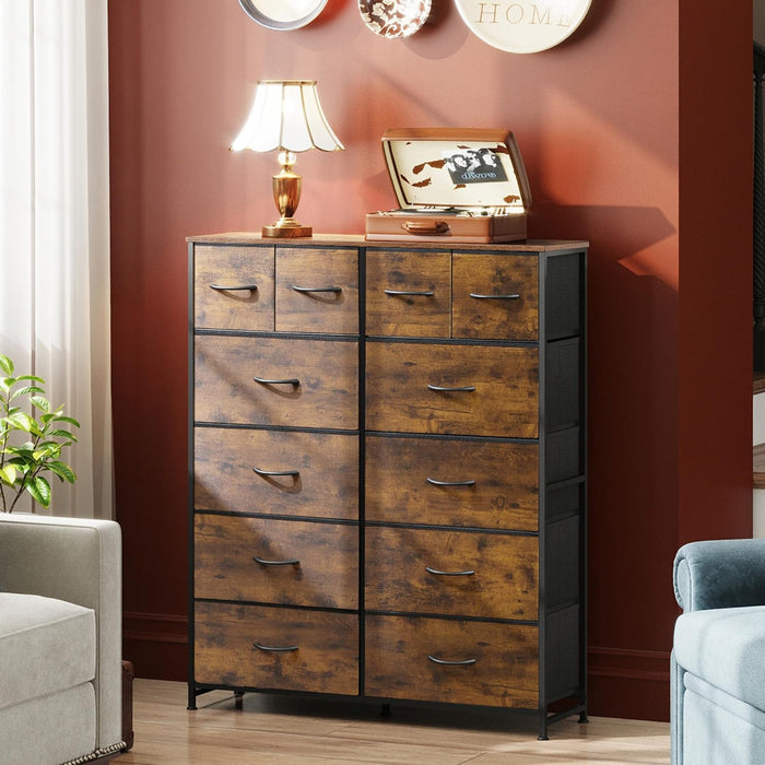 Tall Dresser for Bedroom with 12 Drawers, Dressers & Chests of Drawers, Fabric Dressers for Closet, Storage Dresser Organizer with Steel Frame, Wood Top, Rustic Brown Wood Grain Print